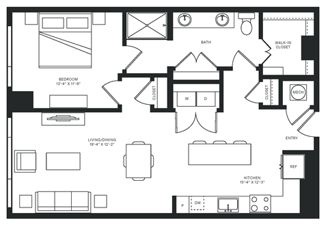 Floor plan for 1 bed, 1 bath, 935 sqft